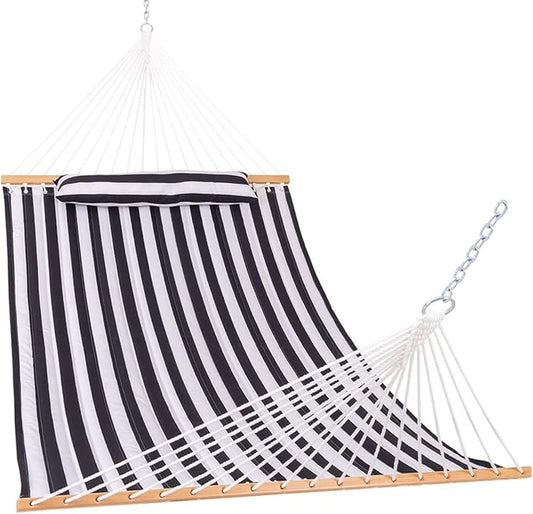 Lazy Daze Hammocks 12FT Quilted Fabric Double Hammock with Spreader Bars and Detachable Pillow, 2-Person for Outside Patio Poolside Backyard Beach, 450 lbs Capacity, Black White