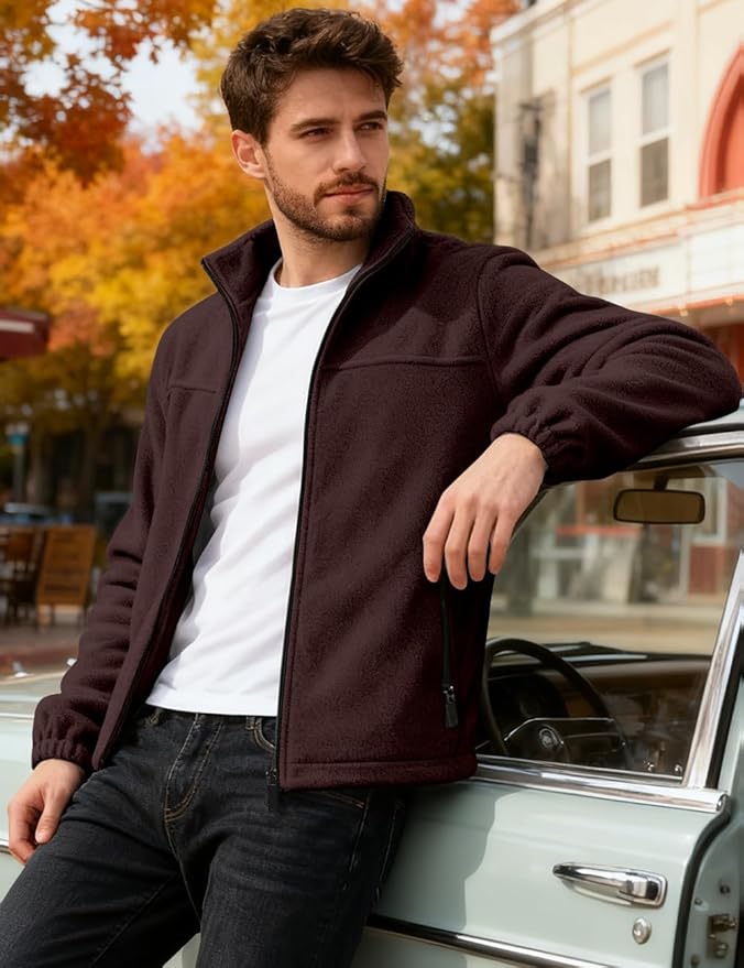 Mens Polar Fleece Jacket Full Zip Lightweight Casual Outdoor Jackets Stand Collar Warm Coats with Pockets