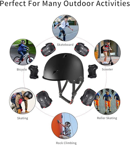 Skateboard Bike Helmet for Adults Adjustable Knee Elbow Pads Wrist Guards Protective Gear Helmets Set Teens for Bicycle Cycling Skate Scooter Bicycle Helmet