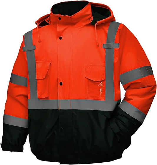 Safety jacket for men,Reflective high Visibility Hooded jacket,Hi-Vis Bomber Jacket with Pockets and Zipper,Waterproof,Black Bottom,ANSI/ISEA 107-2020 Type R Class 3,Orange