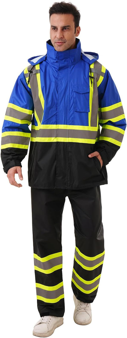 Hi Vis Safety rain Jacket，Reflective Class 3 Rain coat with Inner Mesh Lining and Pockets High Visibility Waterproof work Rain Suits for men&women（Blue,LG/XL）