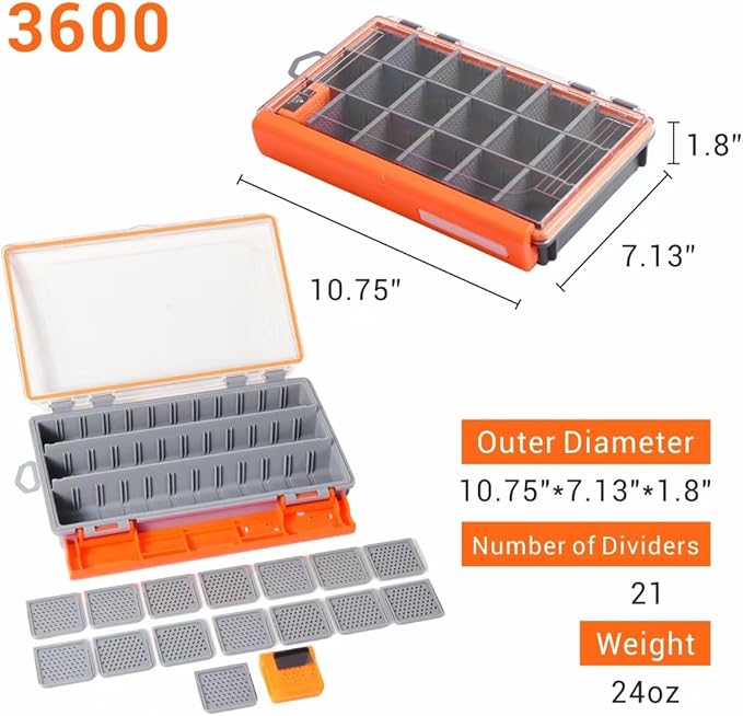 HyperSeal Waterproof Fishing Tackle Box with 3600 and 3700 Trays and Removable Dividers for Lure and Terminal Tackle Storage (Orange, 3600(10.75x7.13x1.8 in)