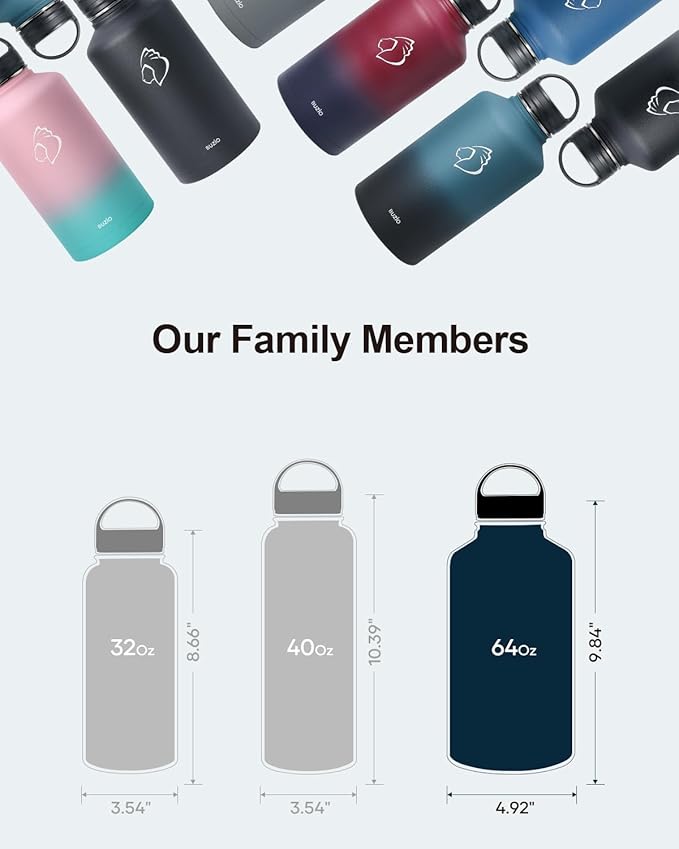 BUZIO 64 oz Water Bottle Insulated with Straw & 3 lid and Carrying Pouch, Leak Proof Half Gallon Stainless Steel Water Flask Jug, Cold for 48 Hrs Double Vacuum Thermo Canteen, BPA-Free, Dark Blue