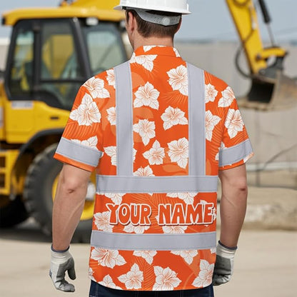 High Visibility Hawaiian Shirt for Men Tropical Shirts Custom Name Floral Outfit Reflective Safety Workwear