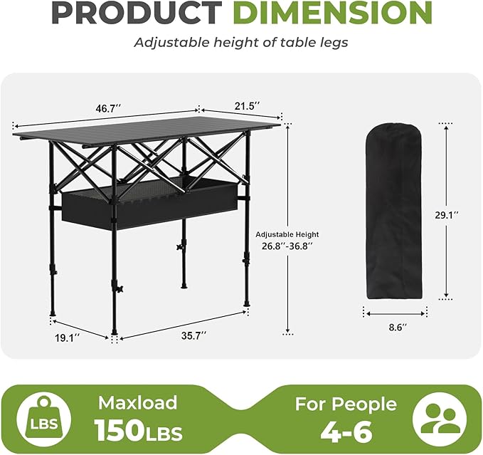 Camping Table Portable, Folding Roll-Up Picnic Table with Carry Bag & Detachable Storage Pockets, Lightweight Outdoor Table for Camping, Beach, Backyard, Party, BBQ, Patio