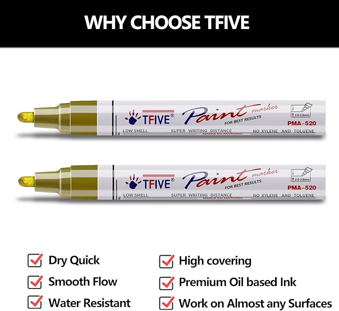 TFIVE Gold Permanent Paint Marker Pens - 2 Count Oil Based Marker Pen, Medium Tip, Waterproof & Quick Dry, for Office, Art projects, Rock Painting, Ceramic, Glass, Wood, Plastic, Metal, Canvas