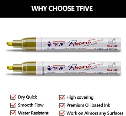 TFIVE Gold Permanent Paint Marker Pens - 2 Count Oil Based Marker Pen, Medium Tip, Waterproof & Quick Dry, for Office, Art projects, Rock Painting, Ceramic, Glass, Wood, Plastic, Metal, Canvas