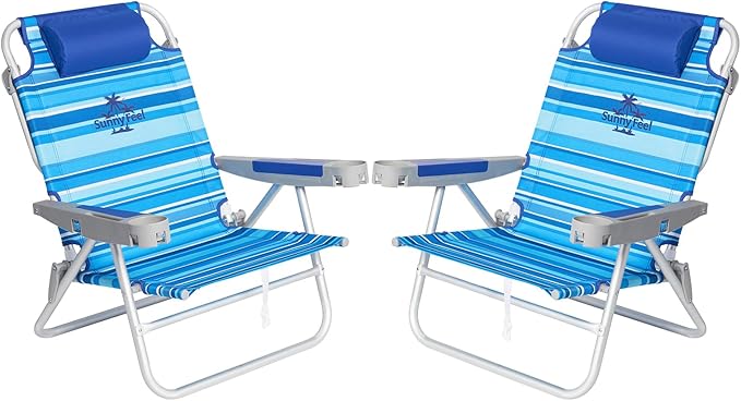 SUNNYFEEL Extra Wide 28" Low Beach Chair 2 Pack 5 Position Lay Flat, XL Oversized Portable Folding Camping Chairs with Cup Holder for Outdoor/Trip, Foldable Backpack Beach Chair for Adults
