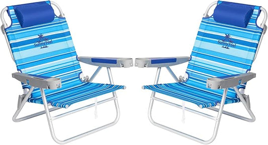 SUNNYFEEL Extra Wide 28" Low Beach Chair 2 Pack 5 Position Lay Flat, XL Oversized Portable Folding Camping Chairs with Cup Holder for Outdoor/Trip, Foldable Backpack Beach Chair for Adults