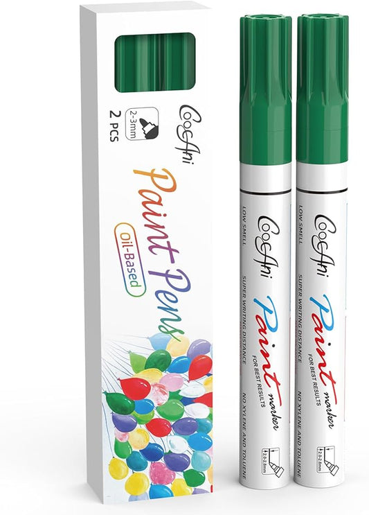 Green Permanent Markers Paint Pens, 2 Pack Oil Based Opaque Paint Markers for Metal,Canvas,Wood,Rock Painting, Ceramic, Glass, Fabric Art Supplier (Green,2 Pack)