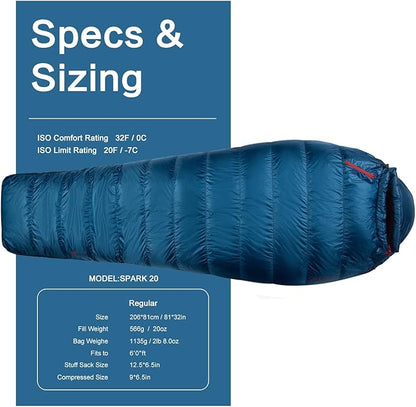 Ultralight Mummy Down Sleeping Bag 650 Fill Power Duck Down Suits for 32 Degree F for Camping Hiking Backpacking