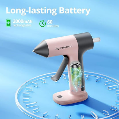 Tilswall Cordless Hot Glue Gun, 30s Fast Preheating with 2Ah Built-in Battery, Hot Melt Glue Gun with 20pcs Premius Glue Sticks, Smart Power-Off, USB-C Inputs Suitable for DIY Craft, Home Repaire Pink