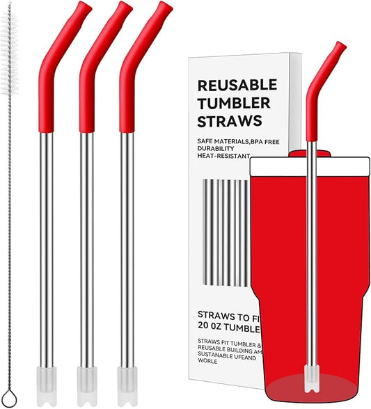 Reusable Metal Straws with Silicone Tip for Stanley 20oz,Stainless Steel Drinking Straws for 20oz Tumbler,3 Straight Tubes & 6 Tips& 1 Cleanr Brush(Chili)
