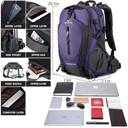 FENGDONG 40L Waterproof Lightweight Hiking,Camping,Travel Backpack for Men Women Purple