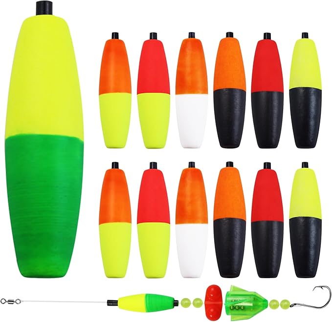 Bicolor Peg Floats, 1.5'' 2'' 2.5'' 3'' Cigar Fishing Cork Bobber Foam Floats with Pipe Plug for Catfish Santee Rigs 35 Pack