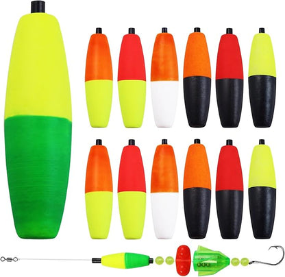 Bicolor Peg Floats, 1.5'' 2'' 2.5'' 3'' Cigar Fishing Cork Bobber Foam Floats with Pipe Plug for Catfish Santee Rigs 35 Pack