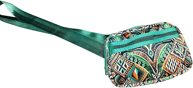 Yewande&co Neoprene Fanny Pack Belt Bag – Lightweight Waterproof Waist Bag with Adjustable Strap, 3 Zippered Pockets, Crossbody Belt Bag for Travel, African Design Crossbody Bags (Forest)