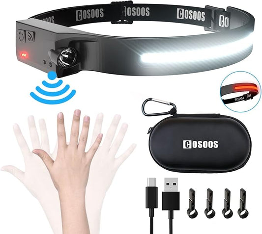 COSOOS LED Headlamp Rechargeable Flashlight with Red Light & Carry Case, 1000 Lumen Bright Headlamp Wide Beam & Spot Light,Sensor Mode,2.4 oz Lightweight Headlight for Hardhat, Camping Essential