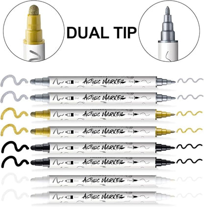 TRANSON 2 Gold, 2 Silver, 2 Black and 2 White Paint Markers Bold and Fine Dual-tip Acrylic Paint Marker Set for Rock Painting Glass Canvas Wood Leather Ceramic Painting