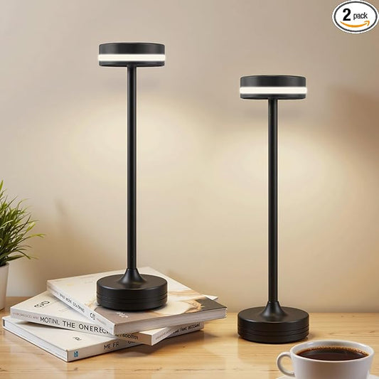 2PCS Cordless LED Rechargeable Table Touch Lamp,3 Color Stepless Dimming,Built-in 5000mAh Battery Table Light, Ambient Light for Restaurant Patio Office Dorm Terrace Outdoor Party Bar Cafe Desk(Black)
