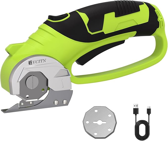 Cordless Electric Scissors,4V Rechargeable Electric Box Cutter for Cardboard, Heavy Duty Cardboard Cutter for Fabric,Rotary Cutter with LED Light for Crafts Leather, Plastic or Carpet,Green