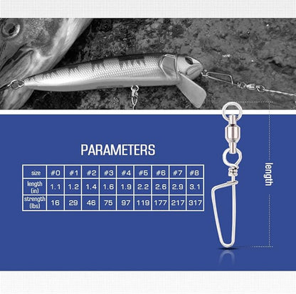 AMYSPORTS Clips Steel Snap Swivels Fishing Ball Bearing Swivels Fishing Saltwater Heavy Barrel Fishing Swivels Stainless White Nickel