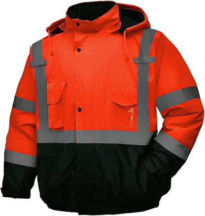 Safety jacket for men,Reflective high Visibility Hooded jacket,Hi-Vis Bomber Jacket with Pockets and Zipper,Waterproof,Black Bottom,ANSI/ISEA 107-2020 Type R Class 3,Orange
