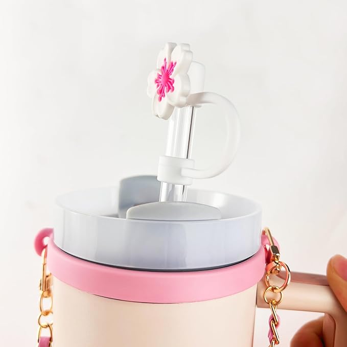 Velaco 11 PCS Accessories for Stanley Cup, Water Bottle Handle Strap for Stanley 30/40 oz tumbler with handle, including Straw Toppers, Silicone Cup Boot, Keychain Charms - PINK