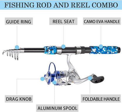 Fishing Pole Combo, 6.9ft Telescopic Rods Set, Collapsible Fishing Rods 2PCS Spinning Reel Set with Carrier Bag Freshwater Fishing Rod and Reel Combos Kits