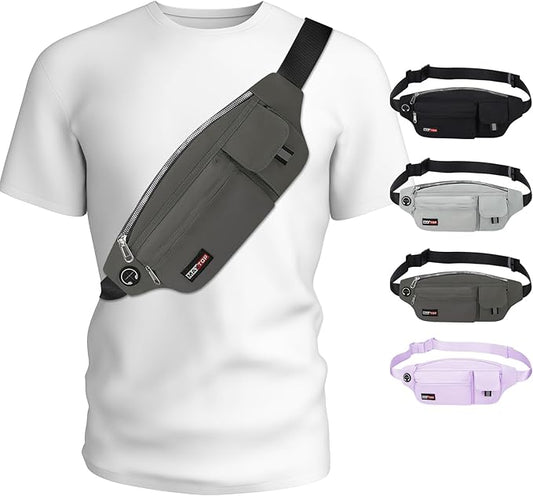 MAXTOP Large Crossbody Fanny Packs for Men Women with Headphone Jack and 5-Zipper Pockets Adjustable running belt for Outdoors Yoga Traveling Casual Running Hiking