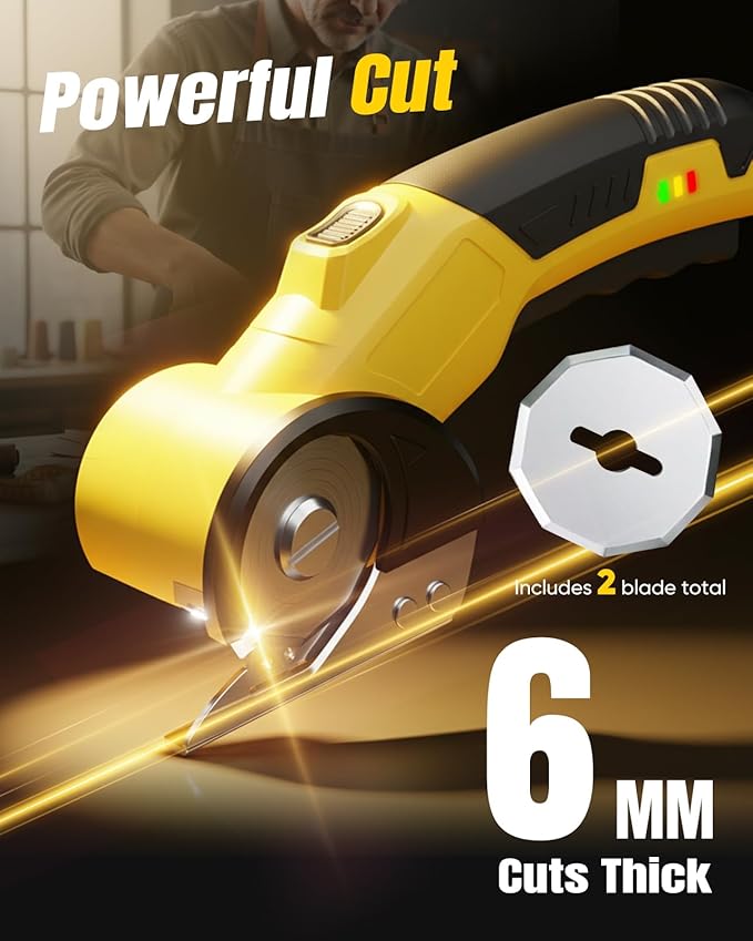 Cordless Electric Cardboard Cutter – Rechargeable Rotary Scissors for Cardboard/Fabric/Carpet/Leather, Heavy-Duty Box Cutter with Safety Lock, 2 Blades, Storage Case & Gloves for Craft, Shipping & DIY