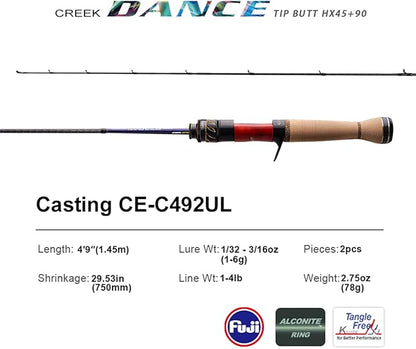 PURELURE Creek Dance Travel Ultralight Fishing Rods Spinning 2/3/4 Piece Portable BFS Casting Rod Solid Tip TORAY Carbon Fiber, Full Fuji Alconite Guides, Red Willow Wood Reel Seat AAA Cork Handle