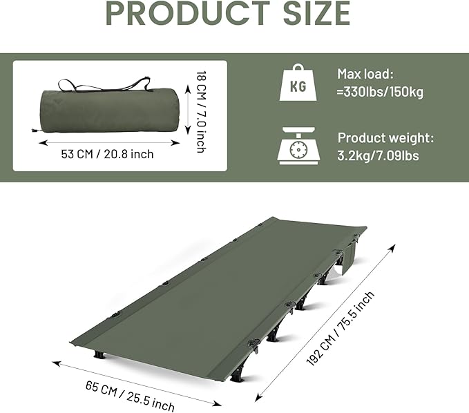 Ultralight Camping Cots for Adults, Portable Folding Bed, Tent Cot Lightweight Travel, Camping, Hiking, Backpacking, Mountaineering, Army Green
