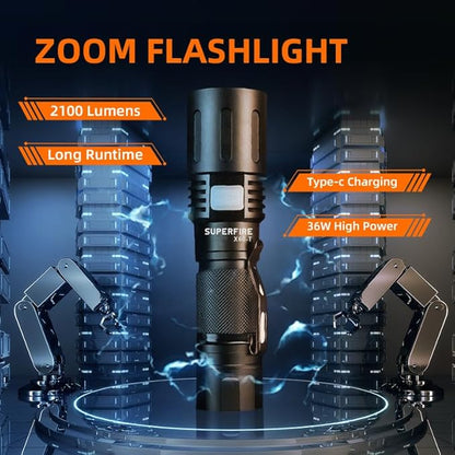 SuperFire Flashlights High Lumens Rechargeable, Powerful LED Pocket Flashlight with Clip, 2100 Lumens Waterproof Tactical Flash Light with Zoomable Focus, 5 Lighting Modes for Camping, Hiking, Working