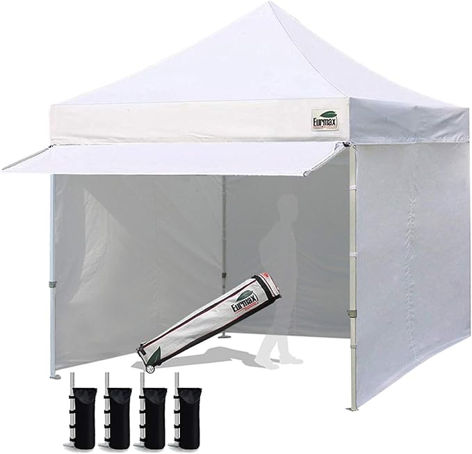 Eurmax USA 10 x 10 Pop up Canopy Commercial Tent Outdoor Party Canopies with 4 Removable Zippered Sidewalls and Roller Bag Bonus 4 Canopy Sand Bags & 24 Squre Ft Extended Awning(White)