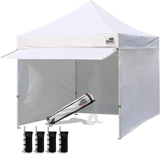 Eurmax USA 10 x 10 Pop up Canopy Commercial Tent Outdoor Party Canopies with 4 Removable Zippered Sidewalls and Roller Bag Bonus 4 Canopy Sand Bags & 24 Squre Ft Extended Awning(White)