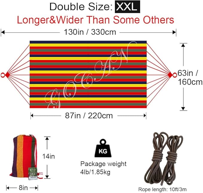 Brazilian Double Hammock 2 Person Extra Large 220x160cm Total Length 330cm Load 500lb Canvas Cotton Hammock for Patio Porch Garden Backyard Lounging Outdoor and Indoor(Rainbow) XXL