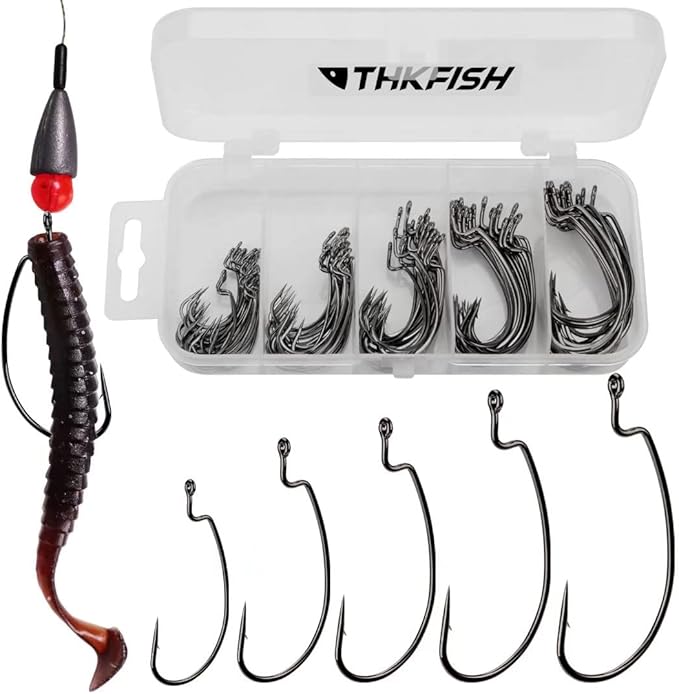 THKFISH 50pcs/100pcs/box Offset Worm Hook Fishing Hook Set Dropshot Hook Set Rubber Fish Jigs Fishing Kit # 2# 1 1/0 2/0 3/0