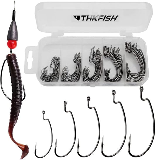 THKFISH 50pcs/100pcs/box Offset Worm Hook Fishing Hook Set Dropshot Hook Set Rubber Fish Jigs Fishing Kit # 2# 1 1/0 2/0 3/0