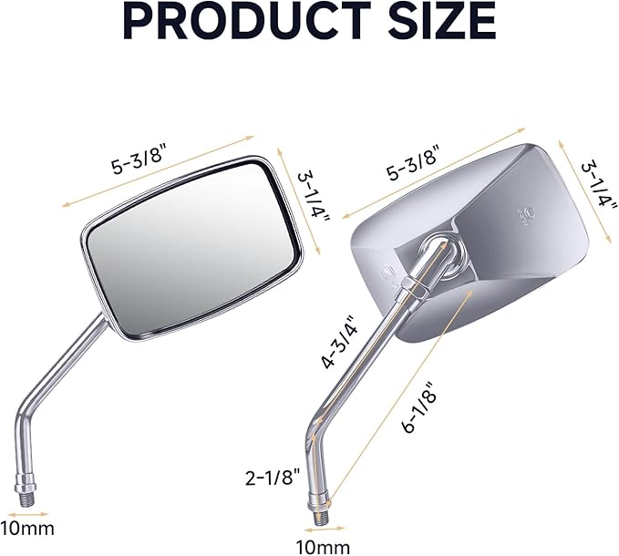 Universal Motorcycle Mirrors - M10 Chrome Rectangle Handlebar Rearview Mirrors Compatible with Honda Shadow MSX125 Kawasaki Vulcan Z900 Suzuki SV650 Volusia
