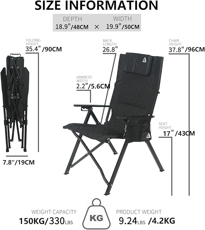 Reclining Camping Chair, Heavy Duty Folding Chairs with 4-Stage Adjustable High Back for Adults, Compact Foldable Outdoor Patio Reclining Chair with Storage Bag (Black, 1 Pack)