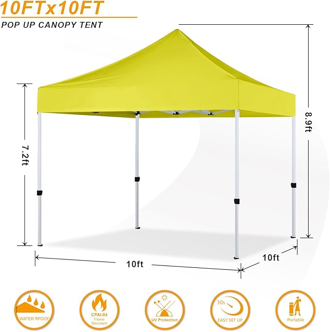 Pop Up Canopy Tent 10x10 for Outdoor Heavy Duty Commercial Instant Sun Shelter,with Wheeled Carry Bags,4Ropes and Stakes and 4 sandbags,Lemon Yellow