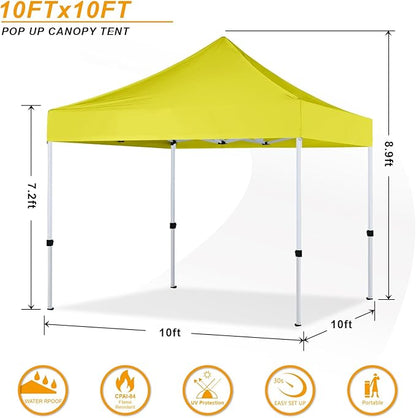 Pop Up Canopy Tent 10x10 for Outdoor Heavy Duty Commercial Instant Sun Shelter,with Wheeled Carry Bags,4Ropes and Stakes and 4 sandbags,Lemon Yellow