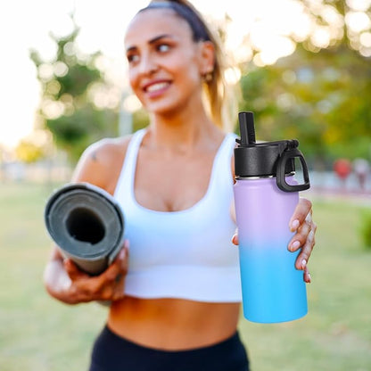 Volhoply 16 OZ Kids Water Bottle Bulk 4 Pack,Insulated Sports Bottles with Straw Lid,Stainless Steel Bottle with Handle Keep Cold,Double Wall Vacuum Tumbler Cups for School,Girl(Lavender Blue, 4