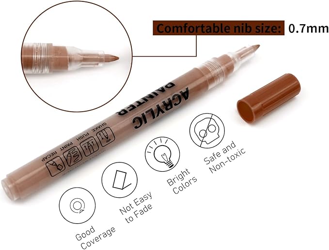 Acrylic Paint Pens Waterproof Markers 6 Brown Permanent Marker Pens Acrylic Pens for Rock Painting Glass Stone Ceramic Metal Fabric Pebble Painting pens Craft Supplies