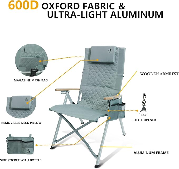 Reclining Camping Chair, Heavy Duty Folding Chairs with 4-Stage Adjustable High Back for Adults, Compact Foldable Outdoor Patio Reclining Chair with Storage Bag (Cyan, 1 Pack)