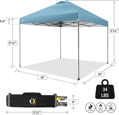 CROWN SHADES Adjustable Height on The Fly, 10x10 Pop Up Canopy - Beach Tent with One Push Setup - Easy Outdoor Sun Shade for Events, Parties, Camping - Outside Shade with STO-N-Go Bag, Cyan Blue