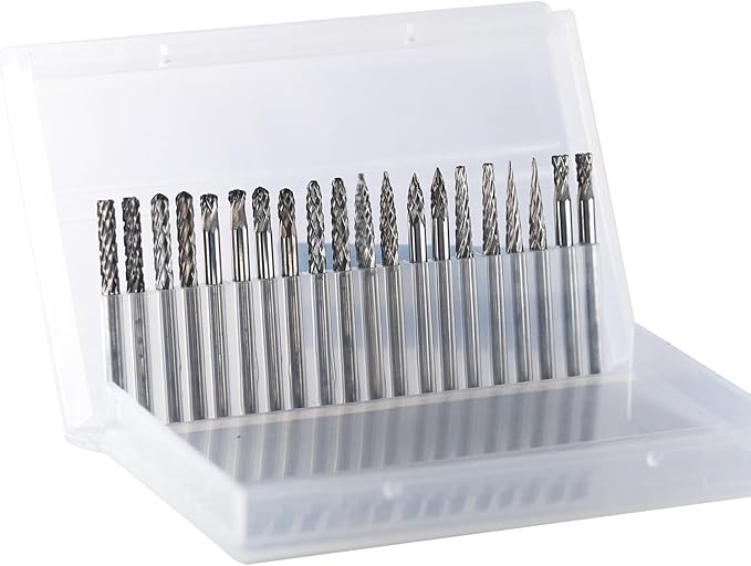 Mini Carbide Burrs Set 1/8’’ Shank Solid Tungsten Carbide Burrs with 1/8’’ Cutting Head Double Cut Rotary File for Die Grinder Rotary Drill Tool 20pcs for Carving Grinding Engraving Polishing Bit