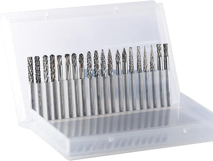 Mini Carbide Burrs Set 1/8’’ Shank Solid Tungsten Carbide Burrs with 1/8’’ Cutting Head Double Cut Rotary File for Die Grinder Rotary Drill Tool 20pcs for Carving Grinding Engraving Polishing Bit