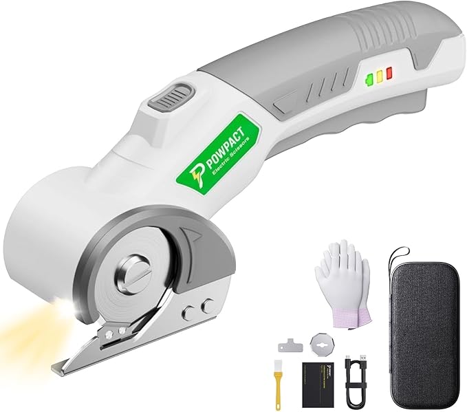 Powpact® High Speed Cardboard Cutter, Cordless Electric Scissors for Cardboard Fabric Carpet, Automatic Electric Box Cutter with Safety Lock - Rechargeable Battery, Heavy Duty Power, Rotary Cutting